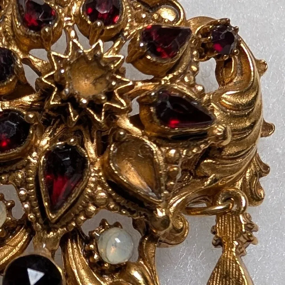 Vintage Signed FLORENZA Ornate Gold Tone Dangle Brooch Mid Century Regency